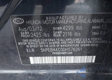 2013 Hyundai Sonata Gls from USA, damaged, VIN 5NPEB4AC0DH576261